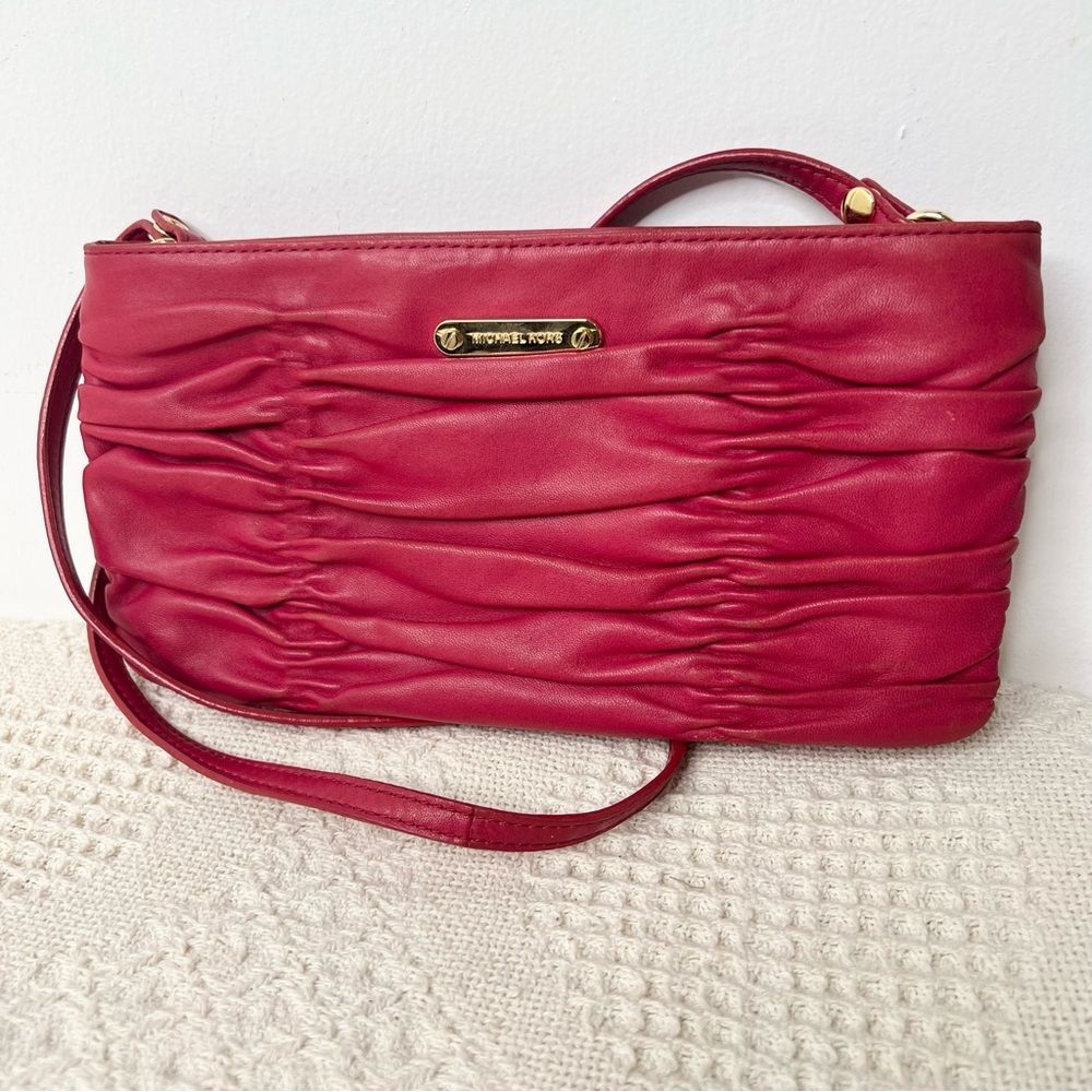 Y2K Michael Kors Red Pleated Leather Clutch Shoulder Bag Gathered Convertible